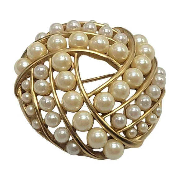 Vintage Gold-Tone Faux Pearl Swirl Brooch Pinback Elegant Design - Picture 3 of 11